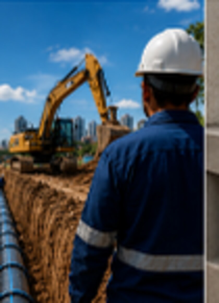 Profissional da THL acompanhando a implantação de redes de água em obra de infraestrutura.