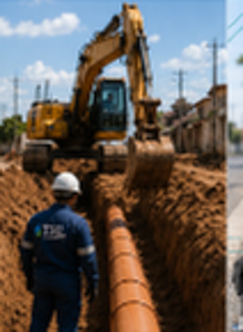 Equipe da THL executando redes coletoras de esgoto em obra de infraestrutura.